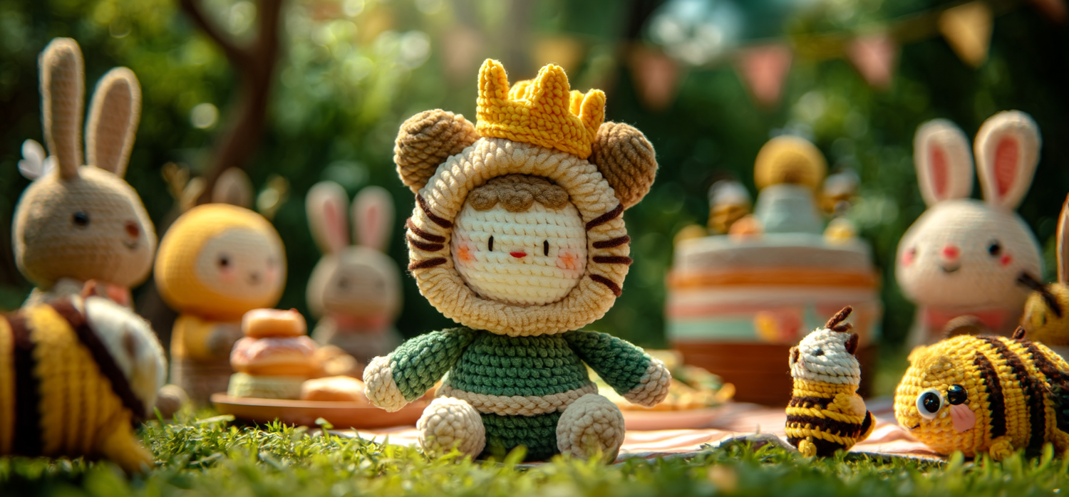 A cute crochet amigurumi character of an anthropomorphic lion dressed in green with brown stripes, wearing yellow and white striped crown sitting on the grass at a picnic surrounded by other cartoon characters made from yarn such as bunnies rabbits bees butterflies sheep dogs beehives flowers honey combs people workers in bright sunlight. In style of Amaguru japanese animation. Background is lush garden.