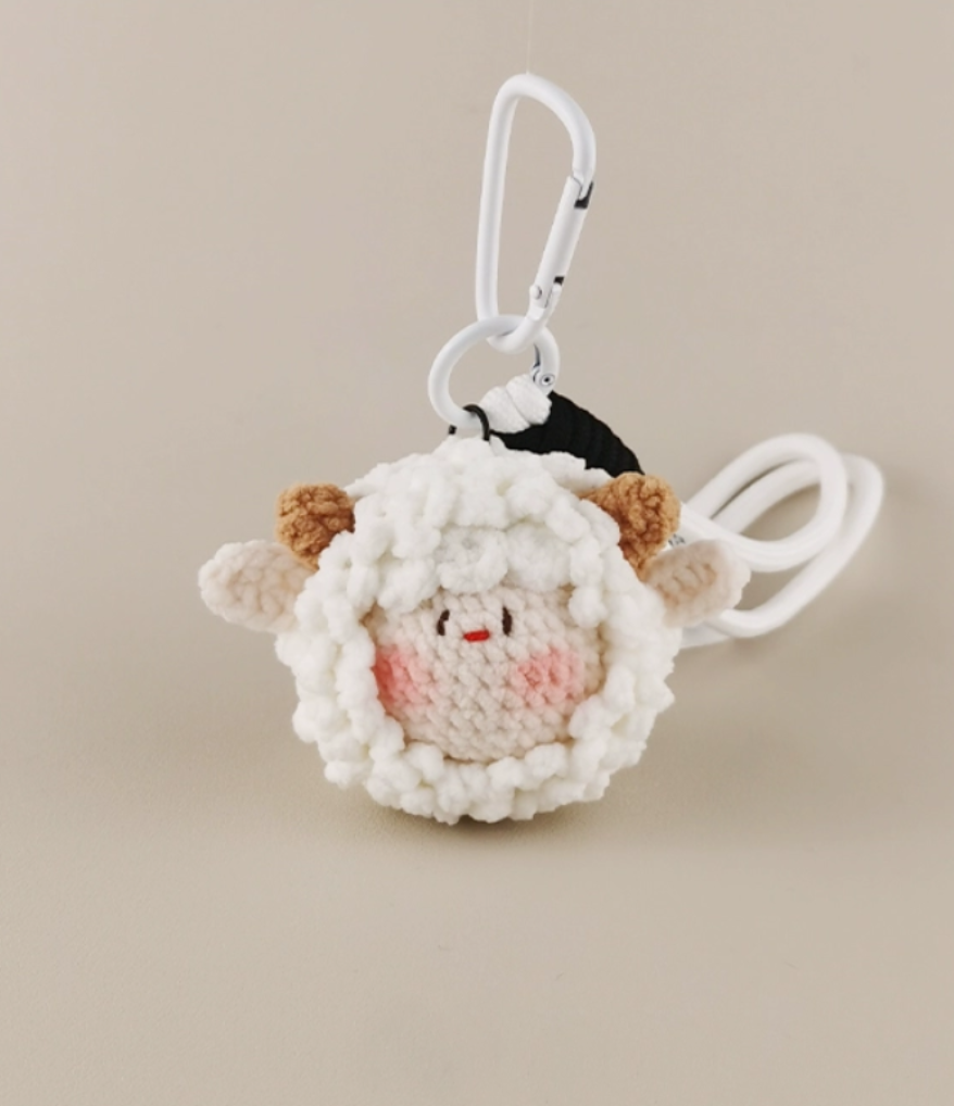 SheIn cute sheep-shaped keychain, white plastic hook, wool knitting style, cartoon pattern, flat view, beige background, high-definition photography, super detail.