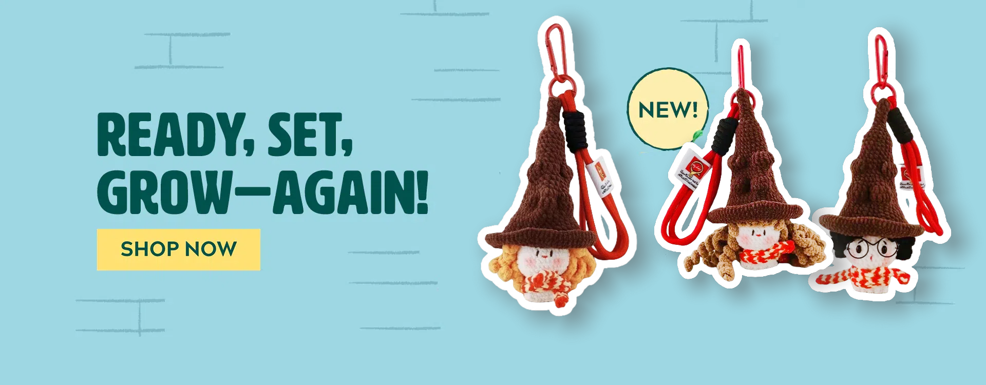 A banner for an online store selling knitted hair accessories, featuring three cartoonish knit hats hanging from car fragials with the words "seller set growtri! shop now!" The flags feature text that reads ' new ready to be seen in action . A single line of smaller font below says ' New Long Hair' , adding a sense of anticipation and excitement about what's coming next. This design is perfect for a fun and lively atmosphere on your website, inviting customers into its world full of creativity and joy.