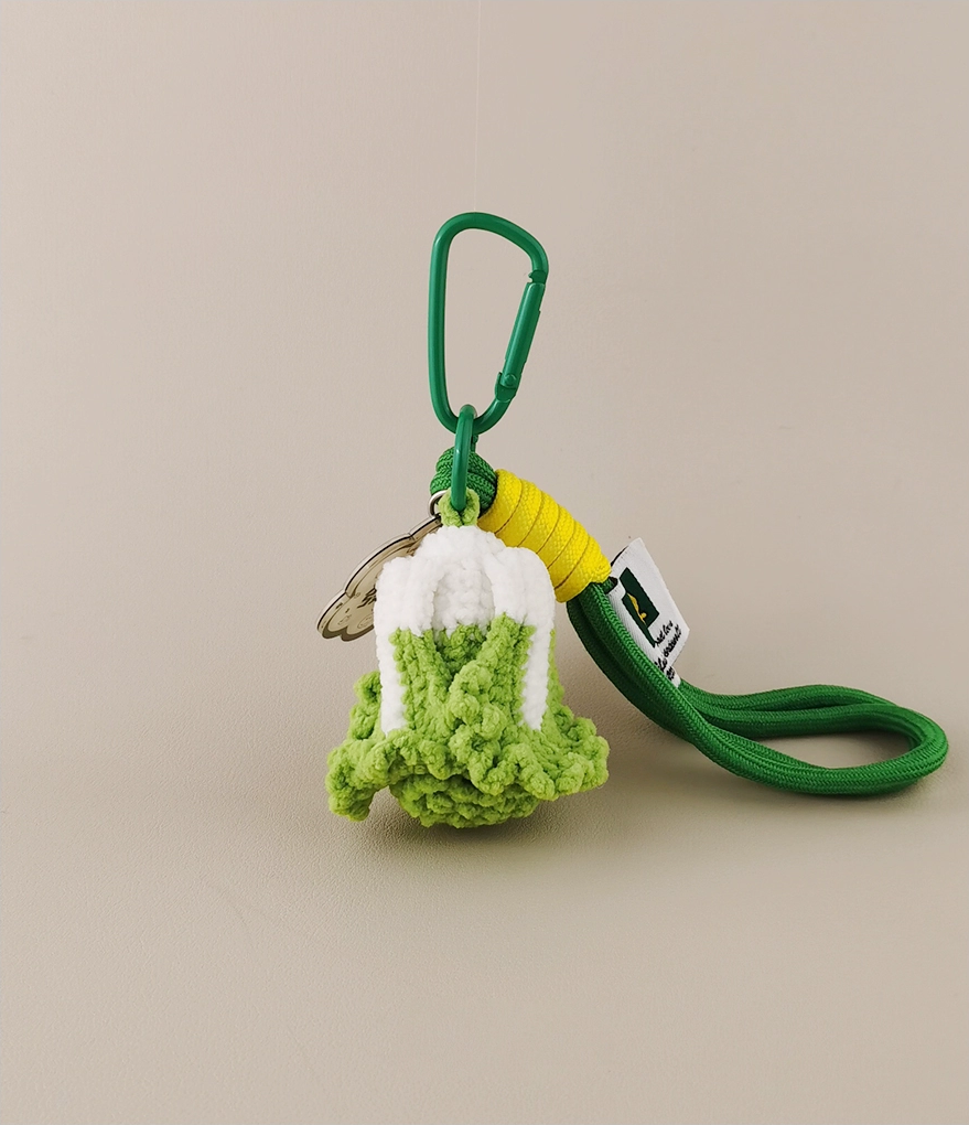 This is a crocheted keychain shaped like a Chinese cabbage. The cabbage has a white stem and green leaves, crafted with fine crochet work. It’s attached to a green carabiner and a green lanyard, with a small tag on the lanyard. The overall design is cute and vivid, making it a lovely accessory for keys or bags. 