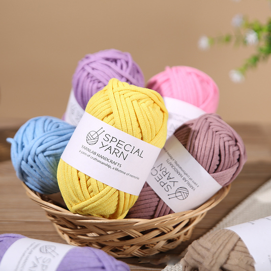 Titanium special yarn handcrafts: A basket of thick, soft, and smooth solid-color yarn with a white label "S Yarn", in pastel colors like pink, yellow, purple, blue, green, brown, beige, and light gray, on a white background, high resolution, high quality.