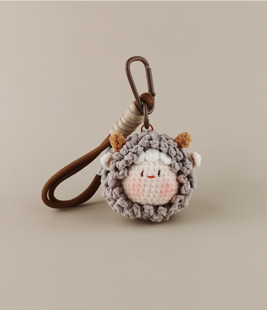 Cute little sheep amigurumi keychain, made of gray wool with a brown leather hook on the back, simple background, cute face, simple design, flat view angle