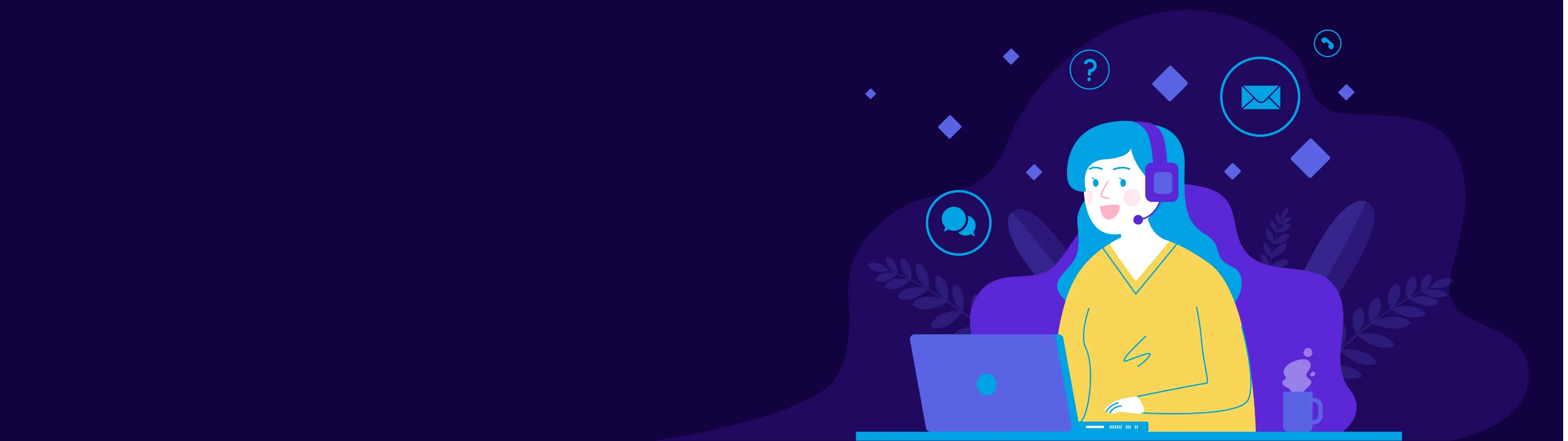  A flat vector illustration of an AI customer service agent in blue and purple sitting at her desk with icons floating around, showing she is connected to multiple platforms such as the website, e-commerce platform, contact form, and chat app, all on a dark background. The style should be simple and modern, with clean lines and flat colors. A woman sits behind her laptop computer, wearing headphones and listening intently while holding a pen, with white hair. 